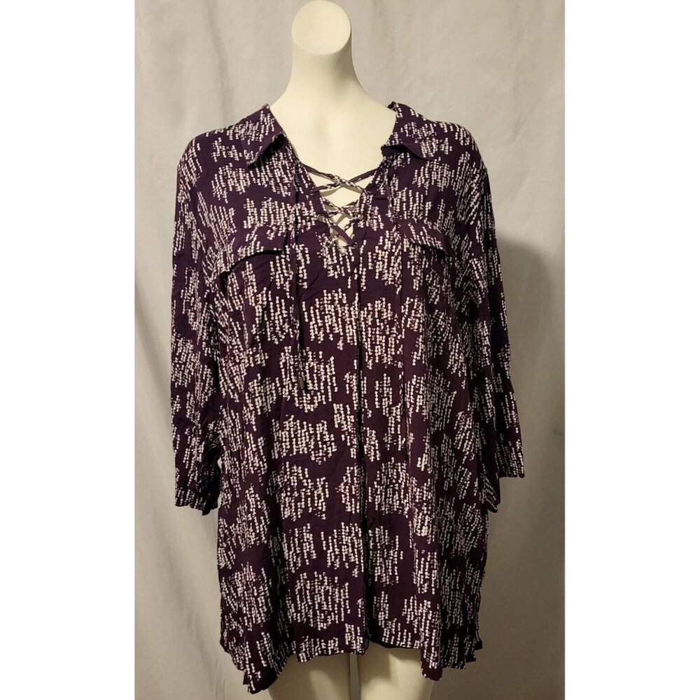 Prescott New York Collared Blouse Women’s 3X Purple & White 3/4 Sleeve, NWT